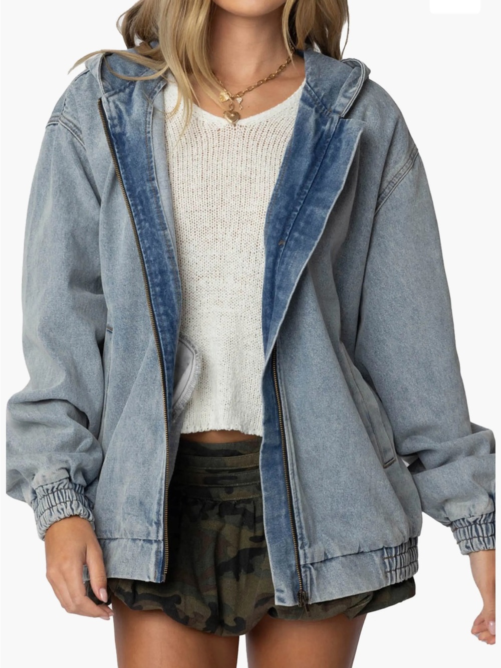 Edikted Front Zip Denim Hooded Jacket